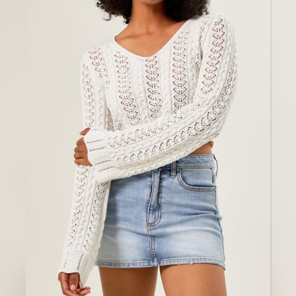 Altar'd State White Cropped Crochet Sweater Size XS
